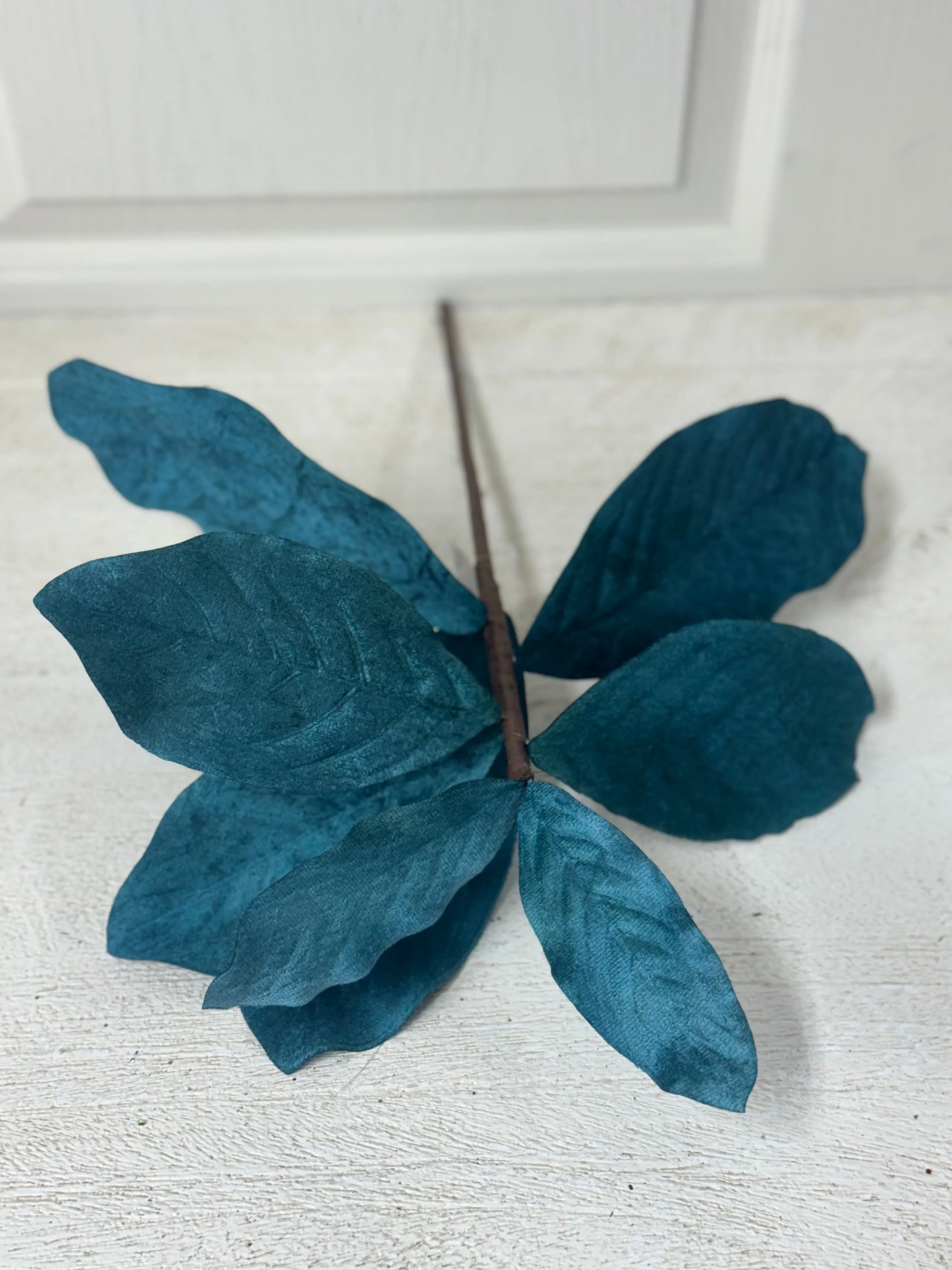 19 Inch Smoke Blue Velvet Magnolia Leaf Spray