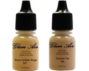 (2)Two Glam Air Airbrush Makeup Foundations M7 Warm Golden Beige & M8 Summer Tan for Flawless Looking Skin Matte Finish For Normal to Oily Skin (Water Based)0.25oz Bottles