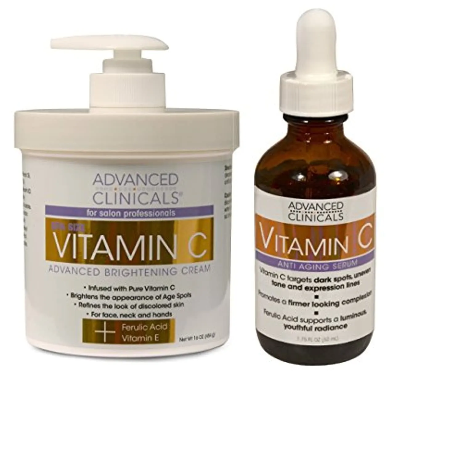 Advanced Clinicals Vitamin C Skin Care set for face and body. Spa Size 16oz Vitamin C cream and Vitamin C face serum for dark spots, age spots, uneven skin tone in as little as 4 weeks!