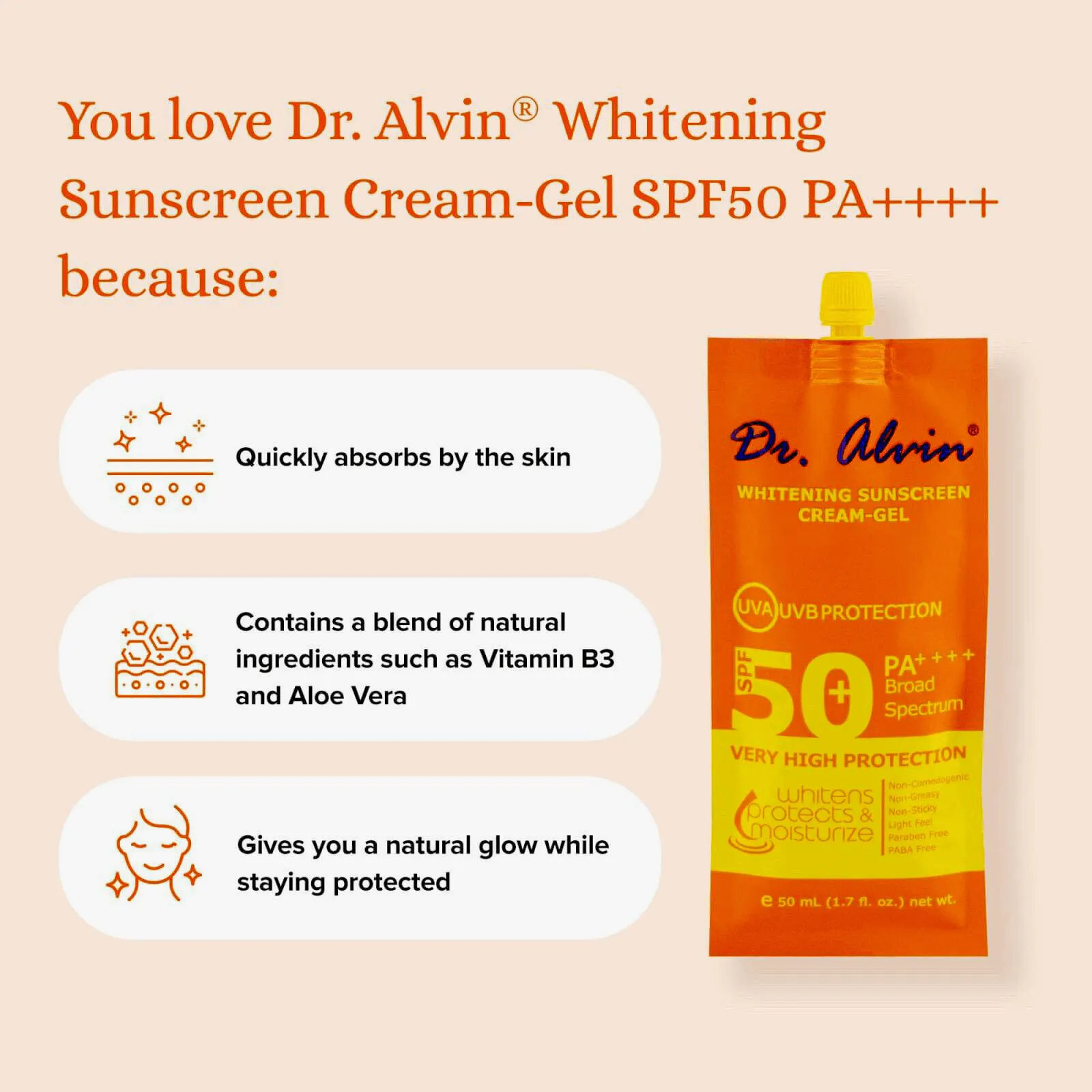 Dr. Alwin Whitening Sunscreen Cream Gel SPF 50   50ml