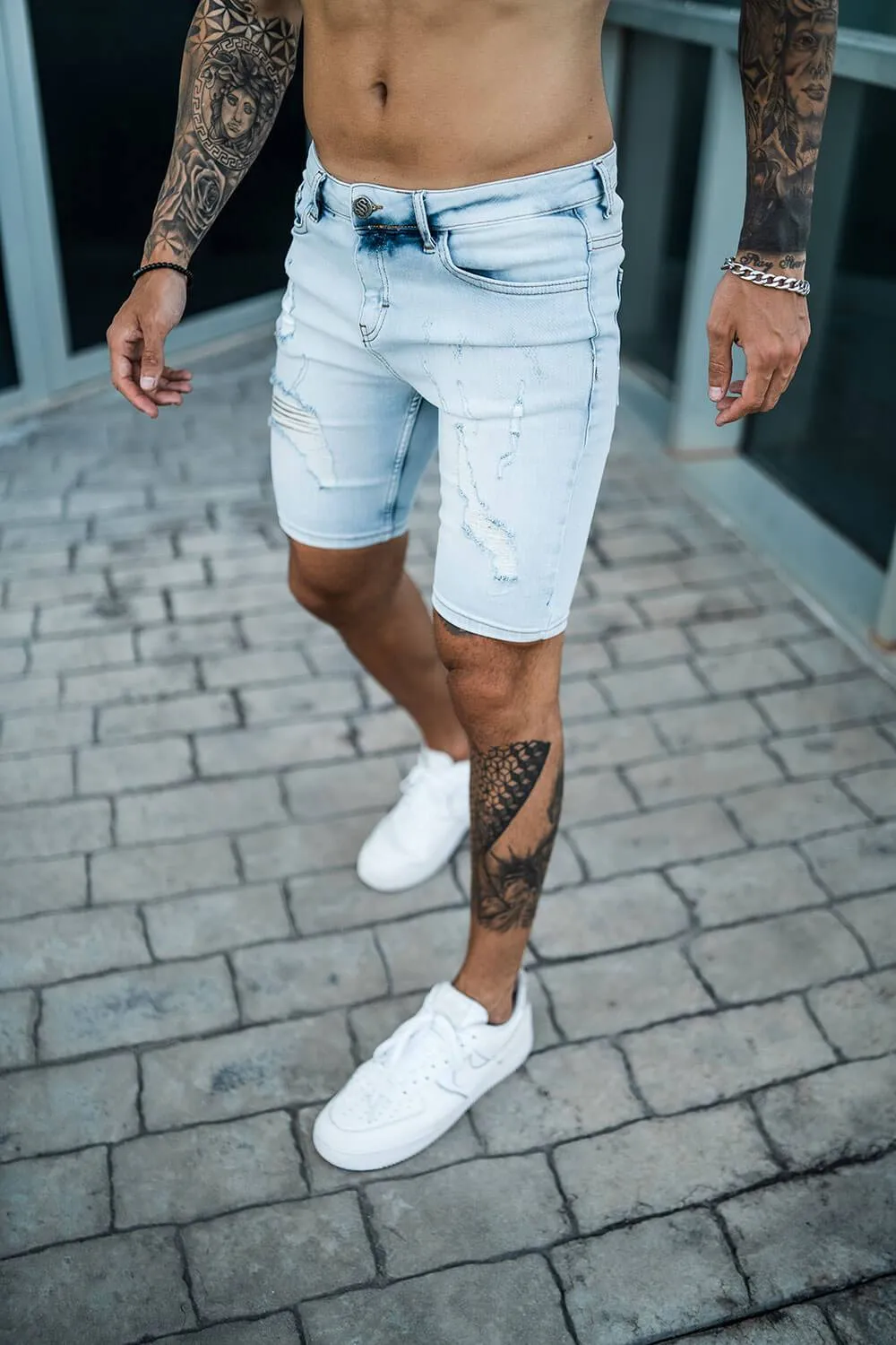 Rip & Repair Denim Shorts - Light Blue